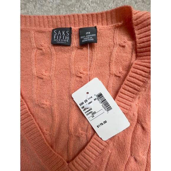 $179 NWT VINTAGE SAKS FITH AVENUE Z 100% CASHMERE CABLE KNIT V NECK SWEATER 2X - Picture 2 of 8